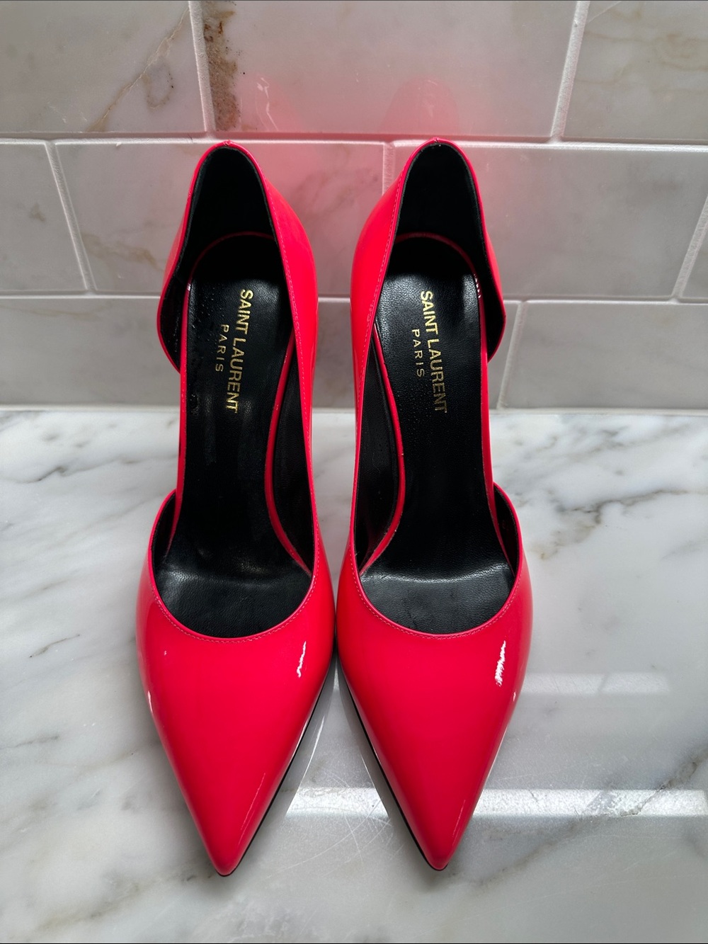 Yves Saint Laurent Neon Pink Patent Pointed-Toe Pumps
